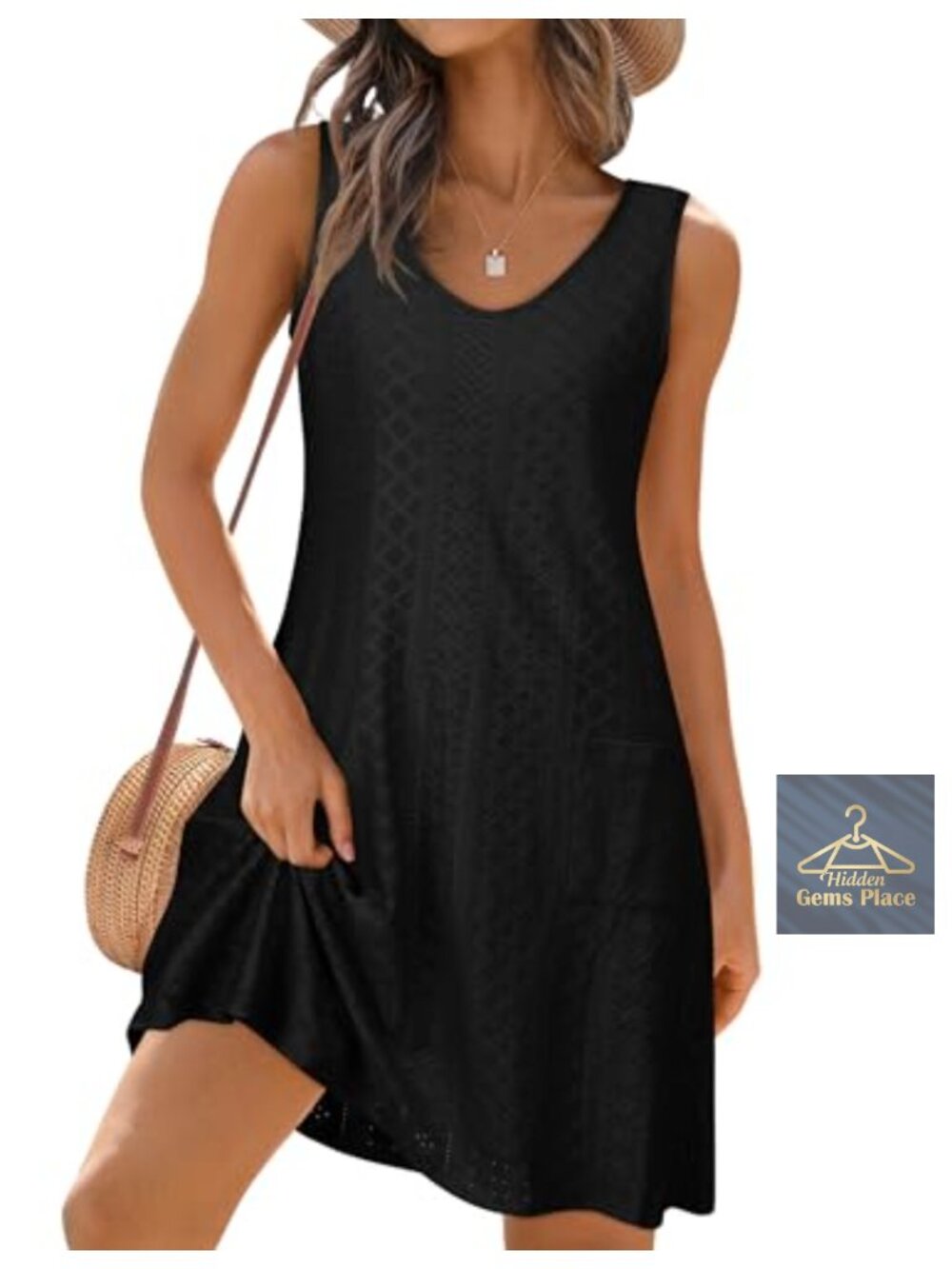 Eyelet Swimsuit Coverup Sleeveless A-Line Sundress with Pockets